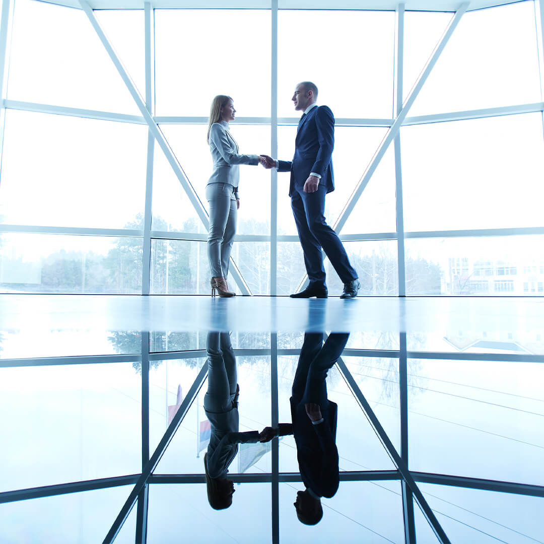 odgers berndtson - two workers shaking hands overlooking office window and urban city